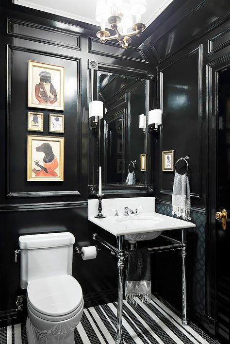 once again NOT my cup of tea...but I had to post.  I do LOVE dark walls in rooms, though @MyDomaine Drømme Bad, Black Powder Room, Gothic Bathroom, Black And White Bathroom, Bad Inspiration, Tiny Bathrooms, Dark Walls, Dark Interiors, Natural Home Decor