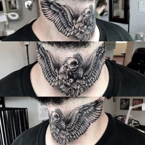 #tattoo #blackandgrey #blackandgreytattoo #necktattoo #neck #raven #undead Crow Tattoo Neck, Raven Neck Tattoo, Clavicle Tattoo, Throat Tattoo, Crow Tattoo, Ink Ideas, Tattoo Idea, Neck Tattoo, Black And Grey Tattoos