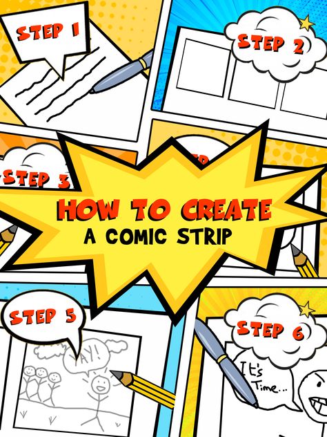 Here's how to create a comic strip in 6 steps. Follow these simple step-by-step instructions to create your first-ever comic strip. Love Story Comic, Create A Comic Strip, National Comic Book Day, Comic Book Wallpaper, Comic Book Display, Make A Comic Book, Comic Book Tattoo, Comic Template, Comic Book Storage