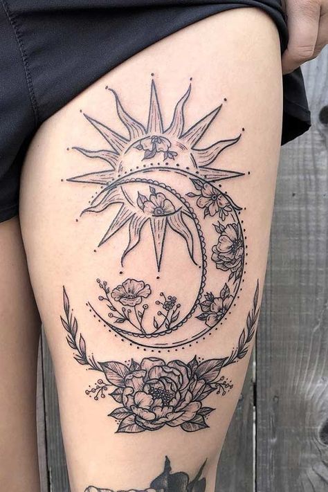 Simple But Unique Tattoos, Smaller Thigh Tattoos, Sun Moon Hip Tattoo, Triple Moon And Sun Tattoo, Unique Animal Tattoos For Women, Quirky Tattoo Ideas, Smaller Tattoo Ideas, Upper Abdomen Tattoo, Woman Leg Sleeve