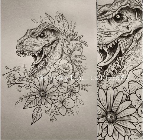 Womens Dinosaur Tattoo, Trex Skull Tattoo Flowers, Dinosaur Half Sleeve Tattoo, Dinosaur Skeleton Tattoo Floral, Dinosaur Head Tattoo, T Rex Tattoo Ideas, Dinosaur And Flower Tattoo, Flower Dinosaur Tattoo, Dinosaur With Flowers Tattoo