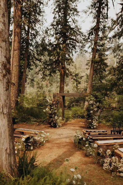 Modern Cottage Core Wedding, Cottage Core Fairy Wedding, Summer Camp Wedding Aesthetic, Woodsy Wedding Bridesmaid Dresses, Small Oregon Wedding, Cottage Core Wedding Venue Aesthetic, Cottage Core Weddings, Natural Wedding Venues, Fall Wedding Woods