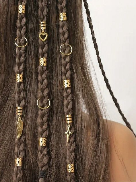 Rings For Hair, Hippie Hair Bead, Boho Hair Jewelry, Gold Rings In Hair, Hemp Hair Wrap, Hippie Hair Jewelry, Decorated Dreadlocks, Braids With Accessories, Gold Hair Rings