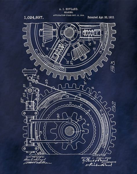 1912 Gear Patent invented by Anton Hovland. The patent was issued by the United States Patent and Trademark Office on April 30, 1912. All patent print pages are fully restored and digitally enhanced to remove as many flaws as possible while maintaining the integrity of the original document. Patent prints are a wonderful way to own a piece of history and display your favorite inventions on your home or office walls. Select size and color from the drop down menus. Feel free to contact me for a di Engineering Prints, Mechanical Gears Drawing, Engineering Artwork, Gear Pattern, Engineering Graphics, Gear Aesthetic, Engineering Art, Gears Aesthetic, Industrial Engineering Aesthetic