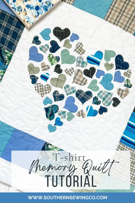 Memorial Quilts From Clothes How To Make, Memory Quilt From Shirts Dads, Clothing Memory Quilt, Heart Memory Quilt, Memory Pillow Case From Shirt, Memory Lap Quilt, How To Make A Memory Quilt, T Shirt Memory Quilts, Sewing Memory Items