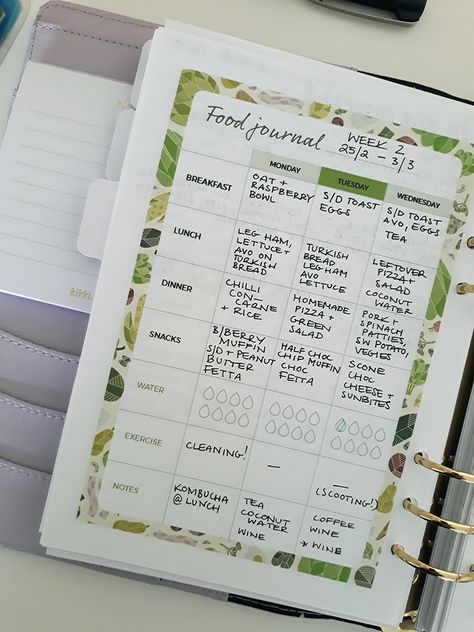 Learn how I use this printable food log in my health and wellness journal. Download a printable version from Etsy. #foodlog #foodjournal #healthjournal #wellnessjournal #printablefoodlog #bulletjournal #habittracker Track Diet, Diet Journal, Wellness Journal, Food Tracker, Food Log, Makanan Diet, Health Journal, Dot Journals, Journal Aesthetic