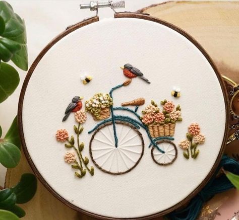 PDF Pattern & YouTube Tutorial 🐝 This might be one of my fav patterns for the year so far, I couldn’t help but stitch this sweet duo… | Instagram Pink Bicycle, Beginner Embroidery, Diy Broderie, Diy Embroidery Patterns, Pola Sulam, Hand Embroidery Projects, Embroidery Stitches Tutorial, 자수 디자인, Hand Embroidery Art