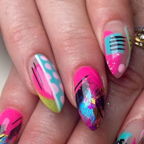 Mia on Instagram: "Totally 80’s vibe on Holly. Is it too much? Yes? Good! 😂 #nailart #80s #80snails #neonnails #sparklenails" 80s Nails 1980s, 80s Nails, Gloria Trevi, 80s Neon, Amazing Nails, Sparkle Nails, Glam Nails, Neon Nails, Fun Nails