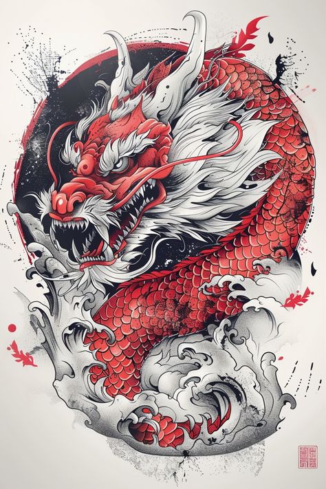 Asian Theme Tattoo Sleeve, Chinese Fire Dragon Tattoo, Japanese Dragon Tattoo Designs Drawings, Traditional Japanese Dragon Tattoo Designs, Anime Dragon Tattoo, Japanese Tattoo Art Dragon, Japanese Traditional Dragon Tattoo, Japanese Tattoos Ideas, Colored Dragon Tattoo