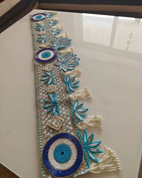 Toran in blue with evil eye Size 40" Door Toran Designs, Arti Decoration, Diwali Toran, Door Rangoli, Toran Designs, Door Toran, Diwali Diya Decoration, Birthday Room, Diwali Candles