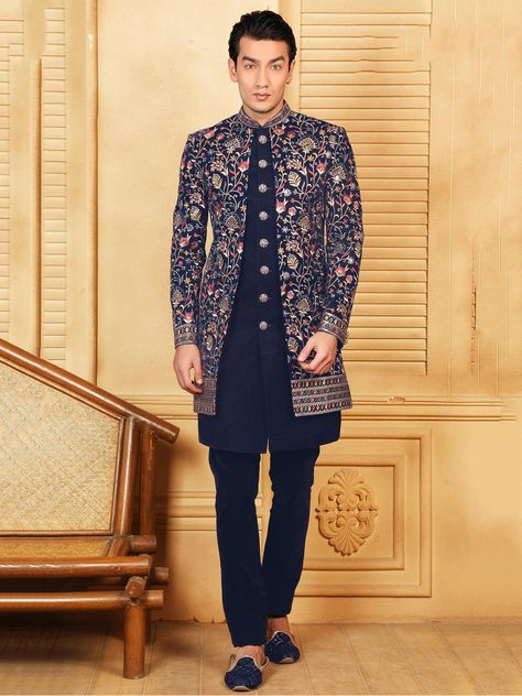 Indowesten Design Men, Indowestern Outfits For Men, Groom Wedding Sherwani, Western Dress For Men, Blue Jacket Style, Indo Western Outfits For Men, Sherwani For Wedding, Casual Wedding Suit, Indo Western Dress For Men