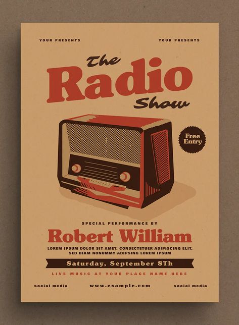 School Event Poster, Vintage Web Design, Restaurant Poster, Retro Graphic Design, Concert Flyer, Flyer Design Layout, Electro Music, Music Flyer, Radio Flyer