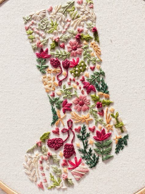 Embroidered Stockings Christmas Diy, Hand Embroidered Christmas Stocking, Embroidery Stockings Christmas, Handmade Christmas Stocking, Embroidery Poinsettia, Embroidery Christmas Stocking, Christmas Stocking Embroidery, Christmas Colour Palette, Festive Embroidery