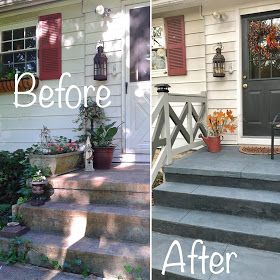 StyleWise: Budget Friendly Concrete Patio and Stairs Makeover Concrete Front Steps, Cement Steps, Front Door Steps, Porch Stairs, Front Porch Steps, Stairs Renovation, Front Stairs, Front Porch Makeover, Stair Makeover