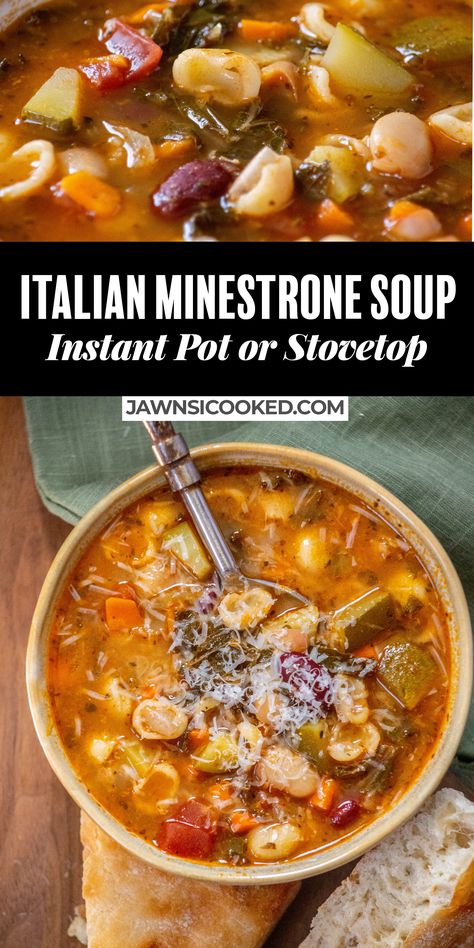 This quick and easy hearty Italian Minestrone Soup with Kale comes together in less than 30 minutes, and can be made in the Instant Pot, or on the stovetop! Loaded with cannellini and kidney beans, chopped fresh kale, zucchini, carrots and tomatoes- this richly flavored vegetarian Minestrone soup goes great with a sprinkle of parmesan cheese and a hunk of crusty bread. Mangia! Minestrone Soup With Kale, Minestrone Soup With Garbanzo Beans, Minestrone Soup Instant Pot, Vegetarian Minestrone, Crockpot Minestrone, Italian Minestrone Soup, Vegetarian Minestrone Soup, Soup Night, Minestrone Soup Easy