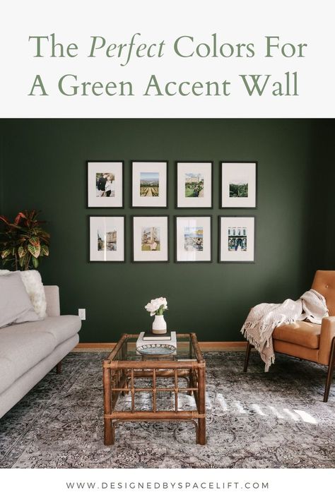 Wow! These are the perfect colors for a green accent wall. I love green accent walls. Emerald green is a becoming a popular color for accent walls. Green accent walls are a perfect addition to bedrooms and living spaces. #spacelift #designedbyspacelift #accentwall #greenaccentwall #green #emeraldgreen #sagegreen Wall Paint Inspiration, Green Walls Living Room, Dark Green Living Room, Green Painted Walls, Green Living Room Decor, Green Accent Walls, Dark Green Walls, Room Wall Colors, Living Room Color Schemes