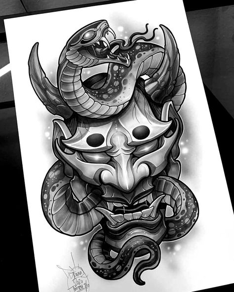 Oni Mask Snake Tattoo, Hannya Mask Tattoo Design, Tattoo Prep, Desain Tattoo, Nepal Tattoo, Japanese Mask Tattoo, Forearm Cover Up Tattoos, Oni Mask Tattoo, Hannya Mask Tattoo