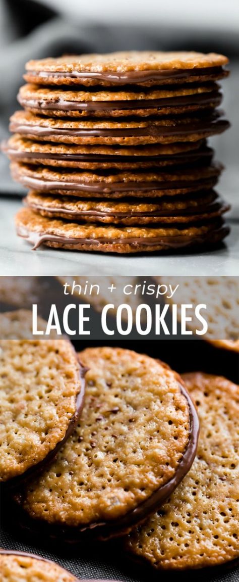 Made from only 6 ingredients, these easy lace cookies are ready in 30 minutes and they taste like sweet brown butter and caramel. Sandwich with a little chocolate for an extra special treat. Recipe on sallysbakingaddiction.com Lace Cookies, Cookies Easy, Think Food, Easy Cookie Recipes, Sandwich Cookies, Cookies Recipes Christmas, How Sweet Eats, Easy Cookies, Eat Dessert