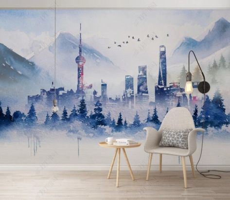 Watercolor City, Wallpaper Project, Wall Kitchen, Tv In Bedroom, Building Art, Playroom Wall, Wallpaper Modern, City Wallpaper, High Altitude