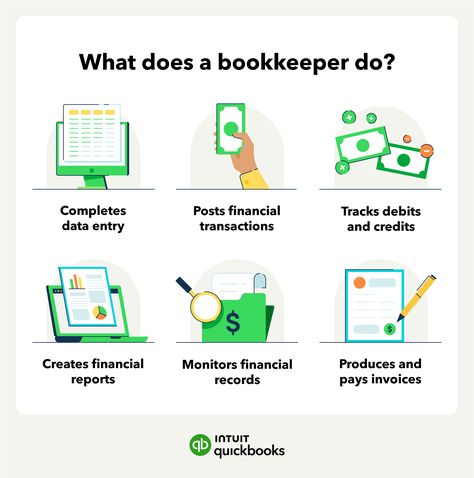 What Does a Bookkeeper Do? Duties & More | QuickBooks Quickbooks Tips Cheat Sheets, Quickbooks Tips, Bookkeeping Basics, Quickbooks Tutorial, Accounting Notes, Accounting Education, Business Mind, Book Keeping, Accounting Basics