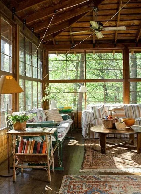 . Bungalow Camping, Lake House Porch, House Journal, Sleeping Porch, Casa Vintage, Beautiful Rooms, House With Porch, Cabin In The Woods, A Living Room