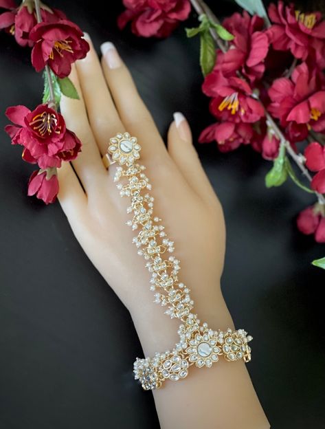 Single Gold finished Kundan Pearl bracelet/ Haathphool  / Gold finished Ring Bracelet / hand harness/ Kundan Bracelet /hath panja Bridal Hand Jewelry Indian, Hand Panja, Indian Hand Jewelry, Finger Ring Bracelet, Kundan Bracelet, Bracelet Combo, Indian Rings, Hand Harness, Bridal Jewellery Design