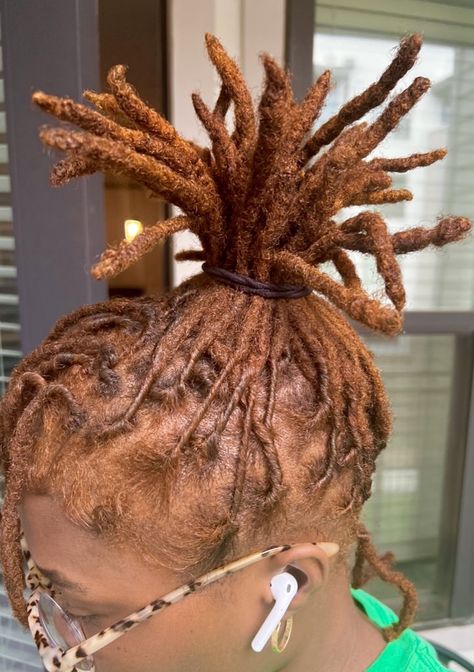 Ginger Hair Color Locs, Light Brown Hair Locs, Dark Ginger Hair Black Women Locs, Locs With Brown Tips, Cinnamon Color Locs, Honey Blonde Hair On Black Women Locs, Reddish Brown Locs Black Women, Ginger Brown Locs Black Women, Burgundy Brown Locs