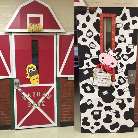 Western theme classroom door Farm Theme Door Decorations, Cowboy Classroom Door, Farm Door Ideas For Classroom, Farm Theme Door Preschool, Cow Classroom Door, Western Theme Door Decorating Ideas, Barnyard Theme Classroom, Cow Themed Bulletin Boards, Farm School Theme