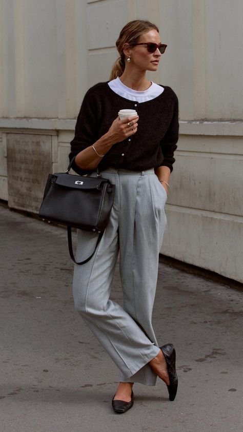 If you're looking for new ways to wear your favourite French girlâapproved pumps, here are six ballet flat outfits to try now. Light Grey Trousers Outfit, Light Grey Pants Outfit, Black Flats Outfit, Grey Trousers Outfit, Flats Outfit Work, Cropped Cardigan Outfit, Crop Cardigan Outfit, Outfits With Grey Cardigan, Grey Pants Outfit