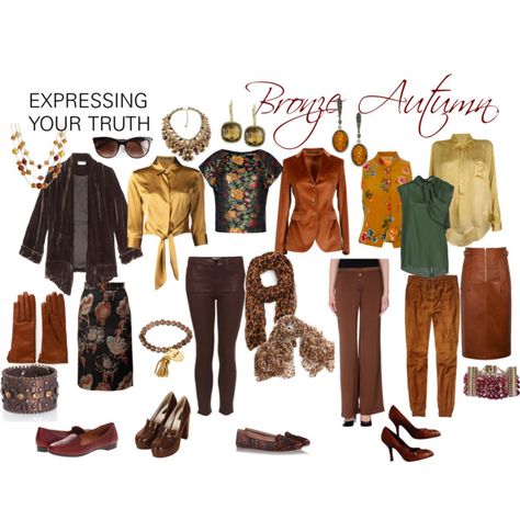 “Bronze Autumn” by expressingyourtruth on Polyvore 3 pants, 2 skirts, 5 tops, 2 jackets, 4 shoes and accessories make a complete wardrobe for a season. #newyearstylechallenge Bronze Autumn, Deep Autumn Color Palette, Deep Autumn, Dark Autumn, Seasonal Color Analysis, Color Me Beautiful, Fall Color Palette, Soft Autumn, Autumn Clothes