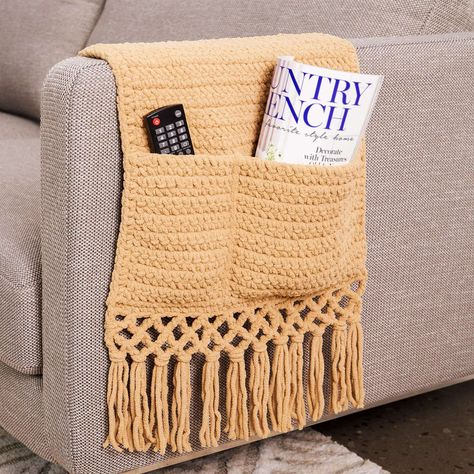 Free Easy Bernat Hide-Away Sofa Caddy Crochet Pattern | Yarnspirations Crochet Armchair Caddy, Crochet Couch Caddy, Crochet Caddy, Couch Caddy, Crochet Couch, Free Easy Crochet Patterns, Bernat Blanket Yarn, Easy Crochet Patterns Free, Crochet Design Pattern