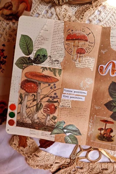 scrapbooking ideas Mushroom Sketchbook Cover, Mushroom Scrapbook Ideas, Floral Scrapbook Ideas, Nature Scrapbook Ideas, Junk Journal Spread, Vintage Journal Aesthetic, Cottagecore Bullet Journal, Aesthetic Scrapbook Journal, Cottagecore Scrapbook