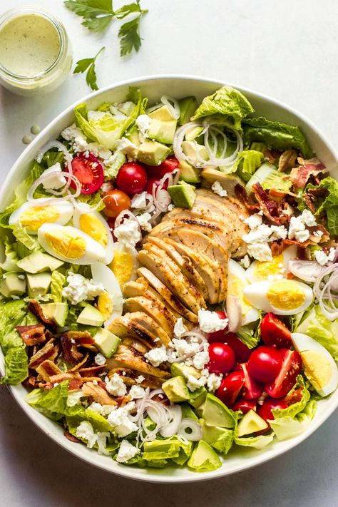 Panera Thai Chicken Salad, Green Goddess Cobb Salad, Panera Green Goddess Salad, Cobb Salad Dressing Recipe, Salad With Green Goddess Dressing, Green Goddess Salad Recipe, Cobb Salad Dressing, Cobb Salad Ingredients, Green Goddess Salad Dressing