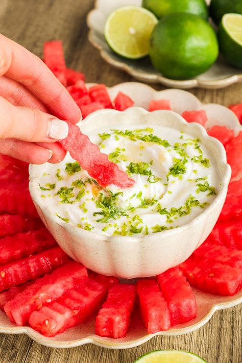 Watermelon Fries with a Honey Lime Yogurt Dip - Colorful Superfoodie Watermelon Fries With Coconut Lime Dip, Dip For Watermelon, Watermelon Dip, Watermelon Fries, Shaped Watermelon, Crinkle Fries, Citrus Zester, Noah Ark, Dairy Free Yogurt