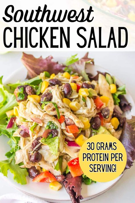 Southwest Chicken Salad is a delicious and healthy chicken salad recipe that's perfect for a protein-rich meal. Packed with fresh veggies, black beans, corn, and a zesty lime dressing, this protein salad is both satisfying and nutritious. Enjoy this dairy-free, flavor-packed dish for lunch or dinner. Perfect for meal prep, this healthy chicken salad is sure to become a family favorite! Southwest Chicken Salad Recipe, Clean Eating Diet Recipes, Salad Protein, Mexican Chicken Salads, Suddenly Salad, Healthy Chicken Salad Recipe, Southwest Chicken Salad, Black Beans Corn, Chicken Protein