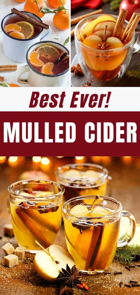 Mulled cider recipe image with 3 progress photos of making mulled cider. How To Make Mulled Cider, Thanksgiving Mulled Cider, Easy Mulled Cider, Mulled Cider Recipe Crockpot, Hot Mulled Cider Recipe, Christmas Beverages, Mulled Cider Recipe, Vegan Comfort Food Recipes, Cider Recipes