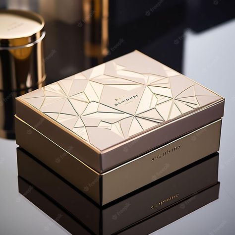 Premium AI Image | a box of perfume is on a table with a white and gold box. Packing Box Design, Luxury Box Design, Wood Box Design, Luxury Box Packaging, Jewelry Box Design, Box Wedding Invitations, Honey Gifts, Perfume Box, Home Entrance Decor