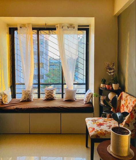 Window Seat Indian Home, Living Hall Window Ideas Indian, 1rk Room Decor, Window Sitting Ideas Indian, Sit Out Ideas House Kerala, Small Indian Living Room Decor, Window Sitting Ideas, Window Design Indian, Indian Window Design