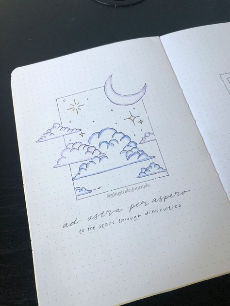 Dreamy Bujo Theme, Book Journal Start Page, Note Book First Page Design, Fantasy Bujo Theme, Sketch Book Starting Page, Journal Ideas For First Page, Bujo Stars Theme, Book Bujo Theme, Note Book First Page Ideas