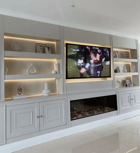 30+ TV Media Wall Ideas That Are Both Functional and Stylish - HubPages Diy Media Wall, Wall Units With Fireplace, Media Wall Unit, Feature Wall Living Room, Ikea Hallway, Built In Shelves Living Room, Living Room Wall Units, Living Room Built Ins, Colour Hallway