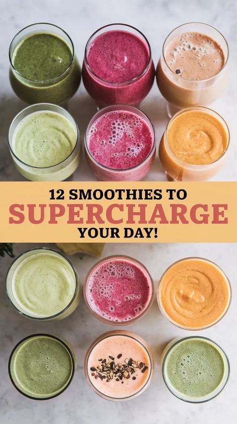 12 Refreshing Smoothie Recipes to Boost Your Energy in 2024 Smoothie For Lunch Meals, Types Of Smoothies Recipes, Premade Smoothies Frozen, Blended Healthy Drinks, After Gym Smoothie, Pre Made Smoothies, Superfood Juice Recipes, 16 Oz Smoothie Recipes, Smoothie For Energy Boost