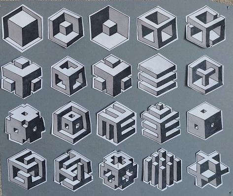 3d Geometric Shapes Composition, Cubic Architecture, Childrens Museum Exhibits, 3d Drawing Tutorial, Cubes Architecture, Graphic Design Activities, Isometric Cube, Geometric Shapes Drawing, Conceptual Model Architecture