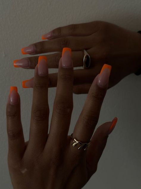 Orange French Tip Square Shaped Nails | Orange Nail Inspo | Square Nails | long nails Orange Nail French Tips, Orange Nails With French Tip, Orange French Acrylic Nails, Simple Summer French Tip Nails, Square French Tip Color, Colored French Nails Square, Nail Inspo For Spring Break, French Tip Nail Color Ideas, Spring Break 2024 Nails