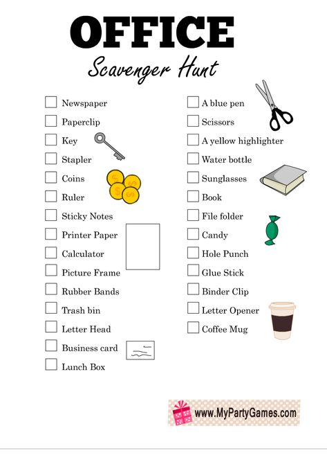 Free Printable Office Scavenger Hunt Game Hospital Scavenger Hunt Ideas, Nursing Home Scavenger Hunt, Games For Freshers Party, Office Scavenger Hunt Riddles, Workplace Scavenger Hunt, Work Scavenger Hunt, Office Scavenger Hunt, Scavenger Hunt Ideas For Adults, Staff Games