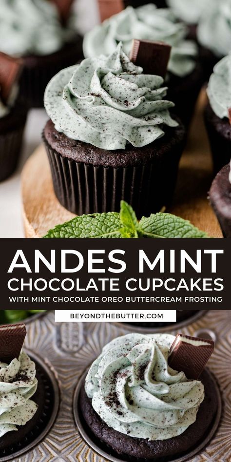 These Mint Chocolate Cupcakes are incredibly moist and chocolatey with a mint chocolate ganache filled center that are topped with a creamy mint chocolate frosting! If you're a big fan of mint chocolate chip ice cream, then you will LOVE these cupcakes! Recipe on BeyondtheButter.com | #mintchocolate #mintchocolatecupcakes #andesmints #chocolatecupcakes #beyondthebutter Bakery Style Cupcake Recipes, Special Cupcakes, Mint Chocolate Cupcakes, Recipes Cupcakes, Oreo Frosting, Cupcake Business, Mint Oreo, Baking Stuff, Cupcakes Recipes