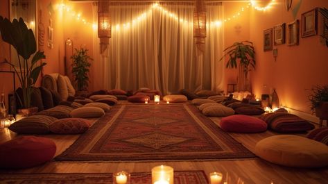 StockCake Warm and tranquil meditation room with floor cushions, ambient lighting, and serene decor for relaxation. Home Relaxation Room, Meditation Room Colors, Small Meditation Room, Serene Decor, Home Meditation Space, Meditation Nook, Esthetician Inspiration, Meditation Corner, Healing Room