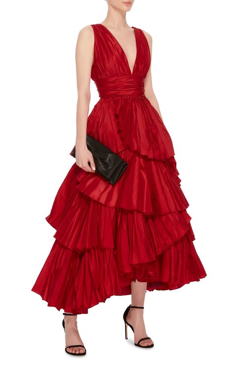 Oscar De La Renta  Tiered Pleated Silk Gown Pleated Gowns Dresses, Red Black Tie Dress, Oscar Outfits Red Carpets, Red Silk Gown, Gown Red Carpet, Silk Pleated Dress, Pleated Tiered Dress, Pleated Gown, Red Evening Dress