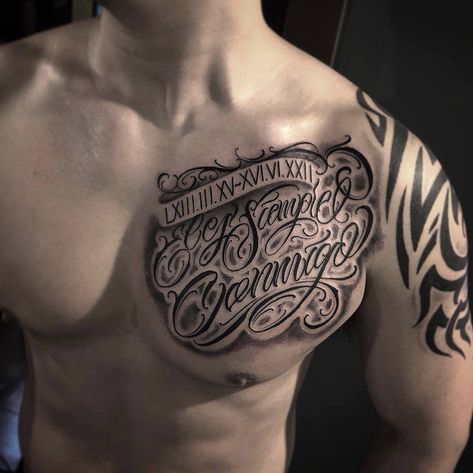 Tattoo uploaded by 4DEATH TATTOO • Half chest lettering tattoo • 882810 • Tattoodo Chest Lettering Tattoo, Half Chest Tattoo Men, Chest Tattoo Half, Half Chest Tattoo, Half Chest Tattoo Men Ideas, Chest Tattoo Name, Chest Tattoo Writing, Chest Tattoo Men Ideas, Chest Tattoo Lettering