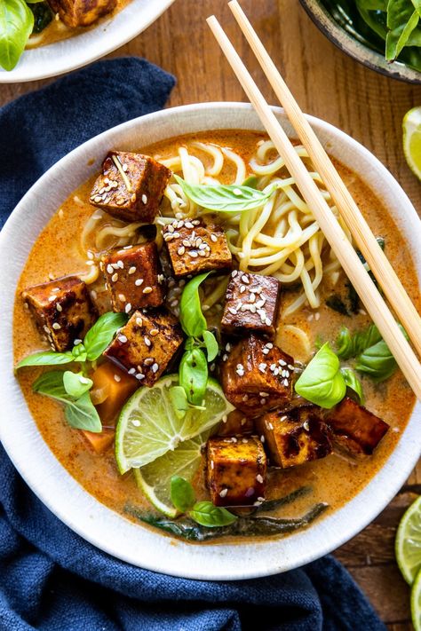 Spicy Sweet Potato Noodle Soup with Crispy Tofu Potato Noodle Soup, Ramen Noodles From Scratch, Spicy Ramen Recipe, Spicy Sweet Potato Soup, Making Ramen, Noodles From Scratch, Ramen At Home, Tofu Ramen, Ramen Soup Recipes