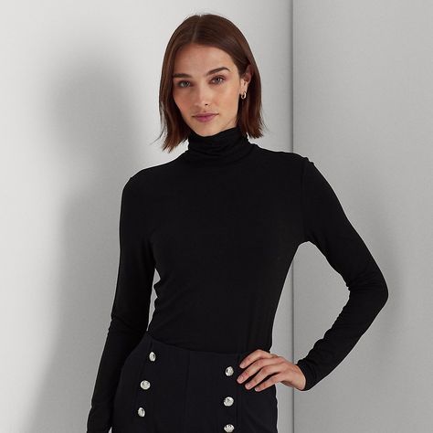 Made from soft jersey with a touch of stretch this figure-skimming turtleneck makes an essential layer for the season. Jersey Turtleneck, Womens Jersey, Black Turtleneck, Roll Neck, Jumpers And Cardigans, Lauren Ralph Lauren, T Shirt Top, Women Brands, Blonde Hair